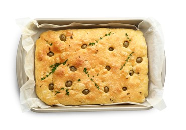 Photo of Delicious focaccia bread with olives and thyme in baking dish isolated on white, top view