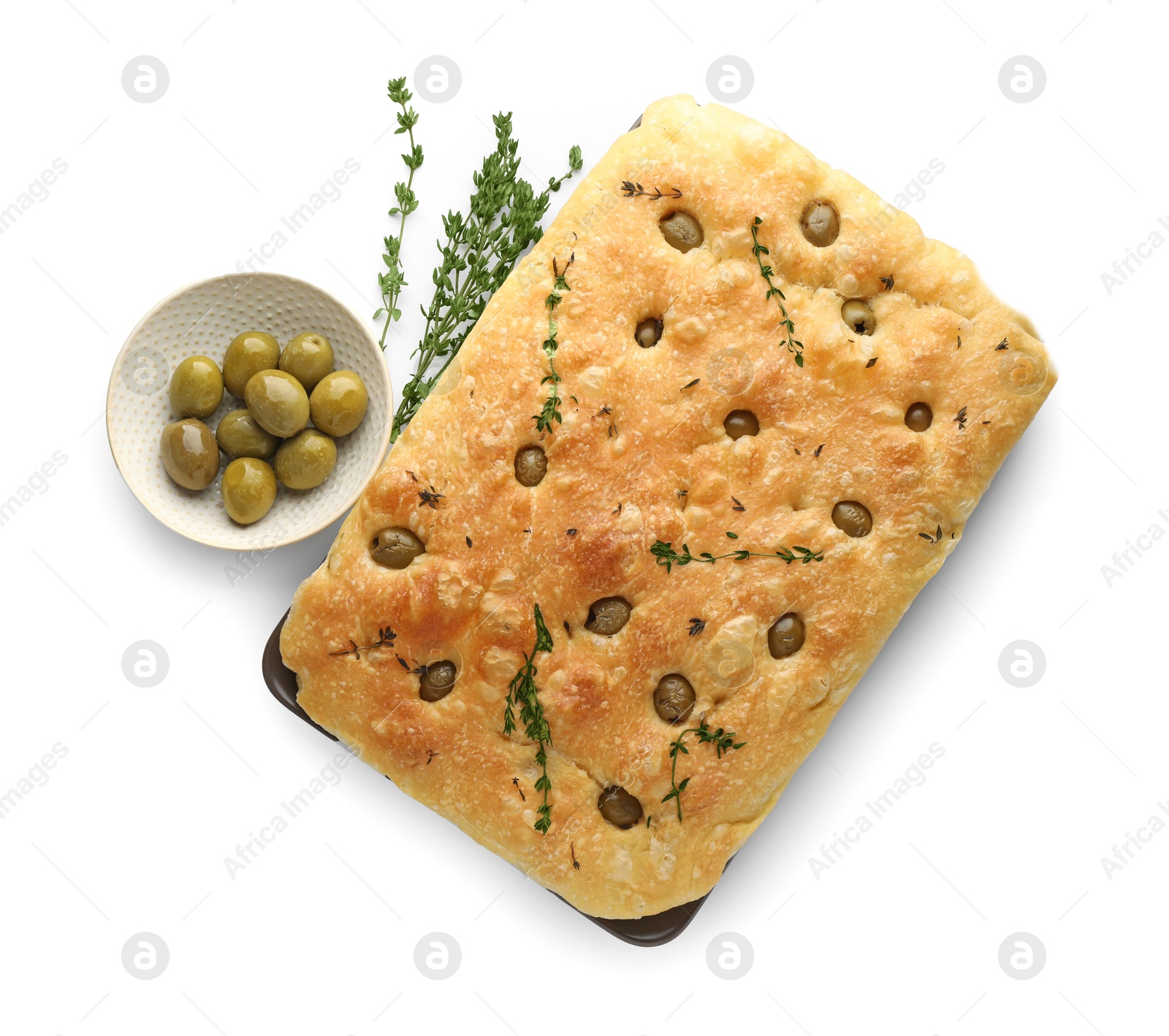 Photo of Delicious focaccia bread with olives and thyme isolated on white, top view