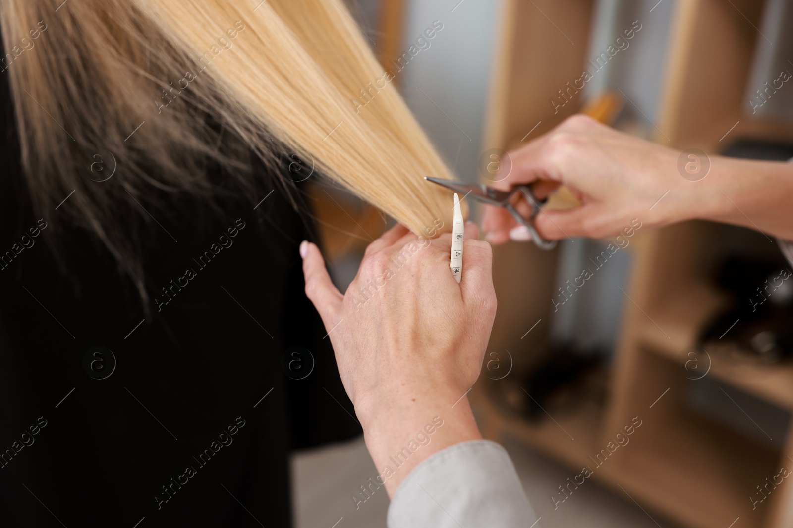 Photo of Hairdresser cutting client's hair with scissors in salon, closeup