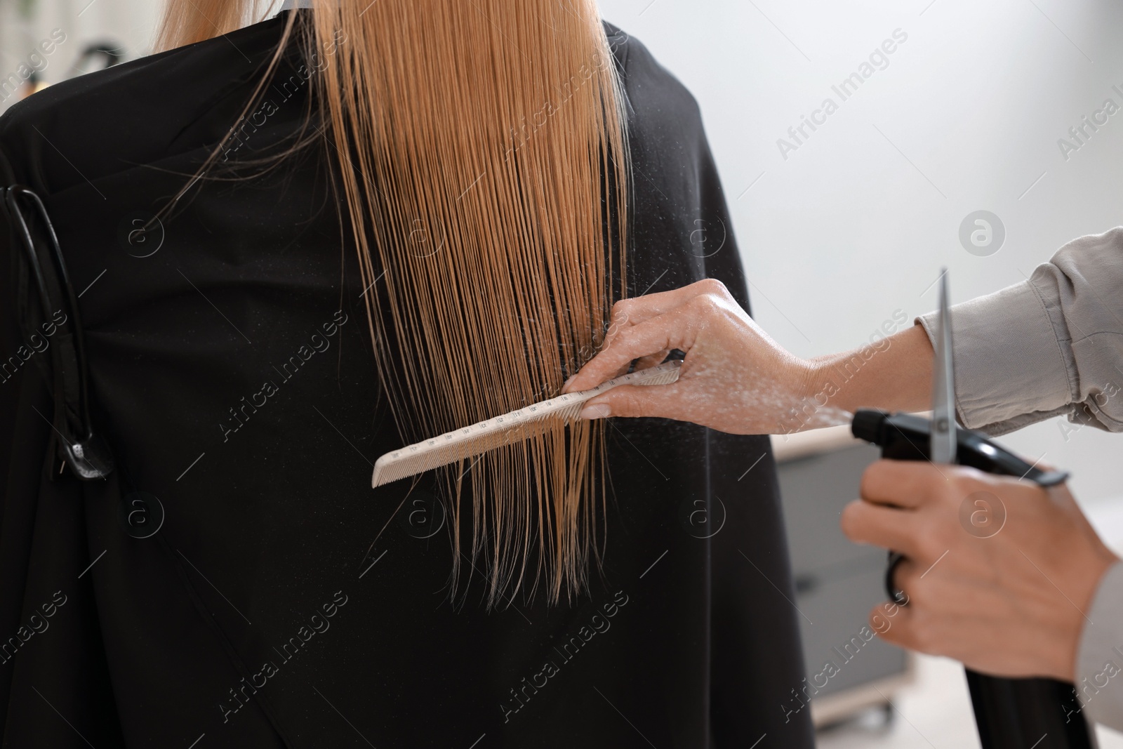 Photo of Hairdresser using spray while making stylish haircut in salon, closeup