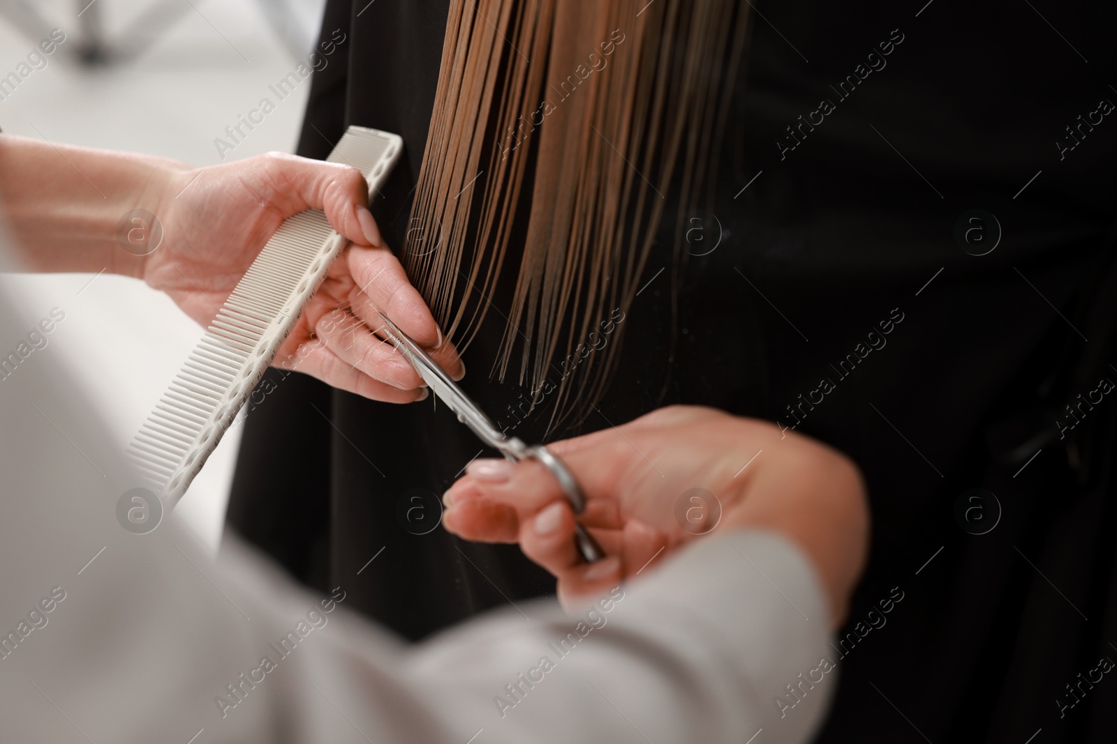 Photo of Hairdresser cutting client's hair with scissors in salon, closeup