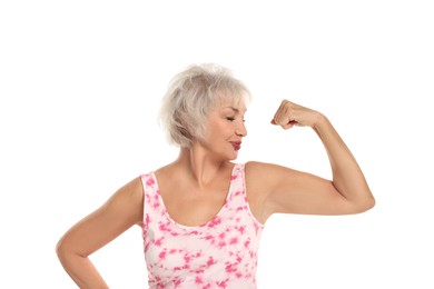 Photo of Senior woman exercising on white background. Healthy lifestyle