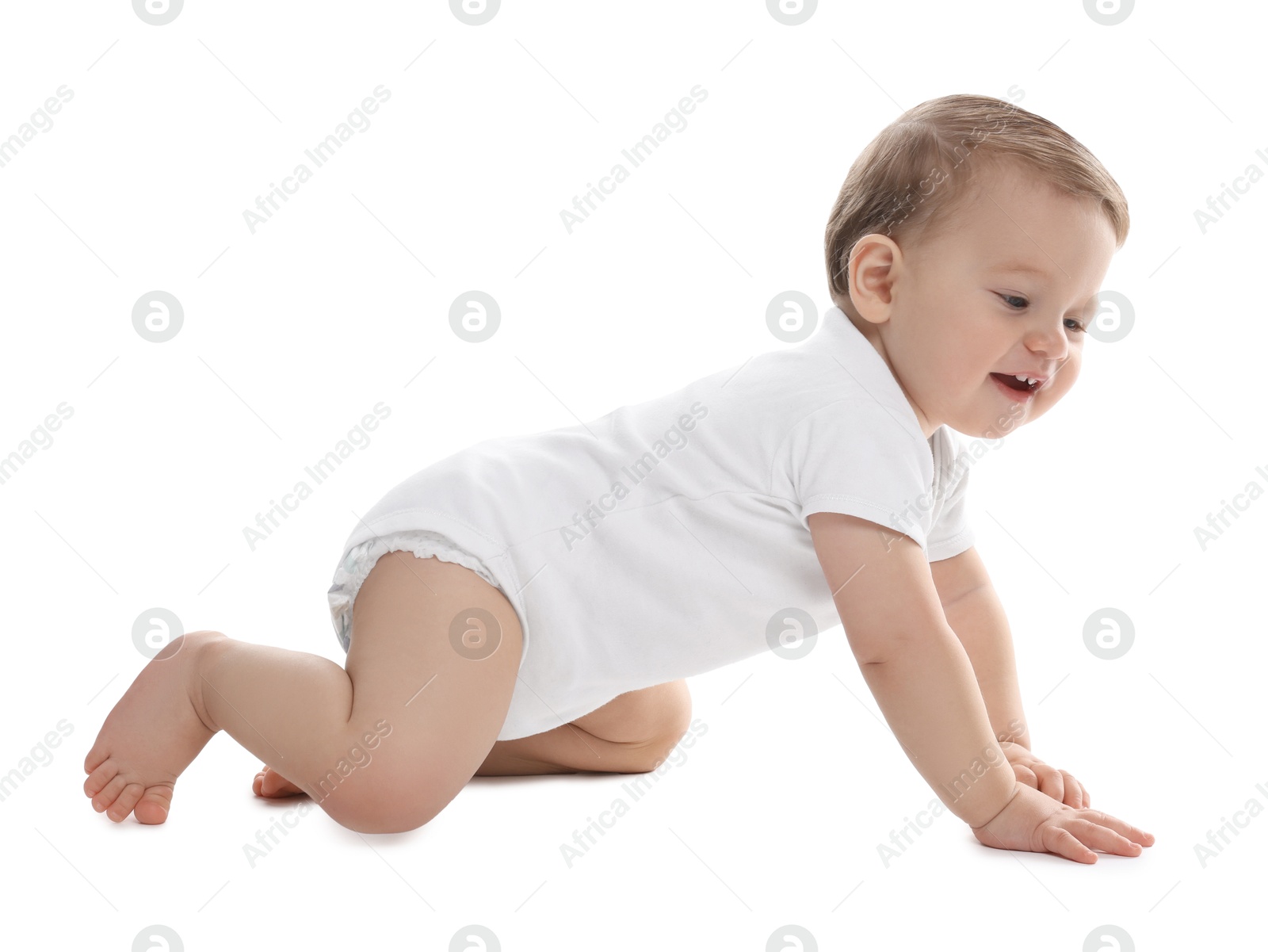 Photo of Cute little baby crawling on white background