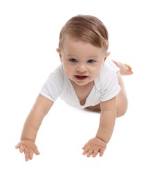 Photo of Cute little baby crawling on white background