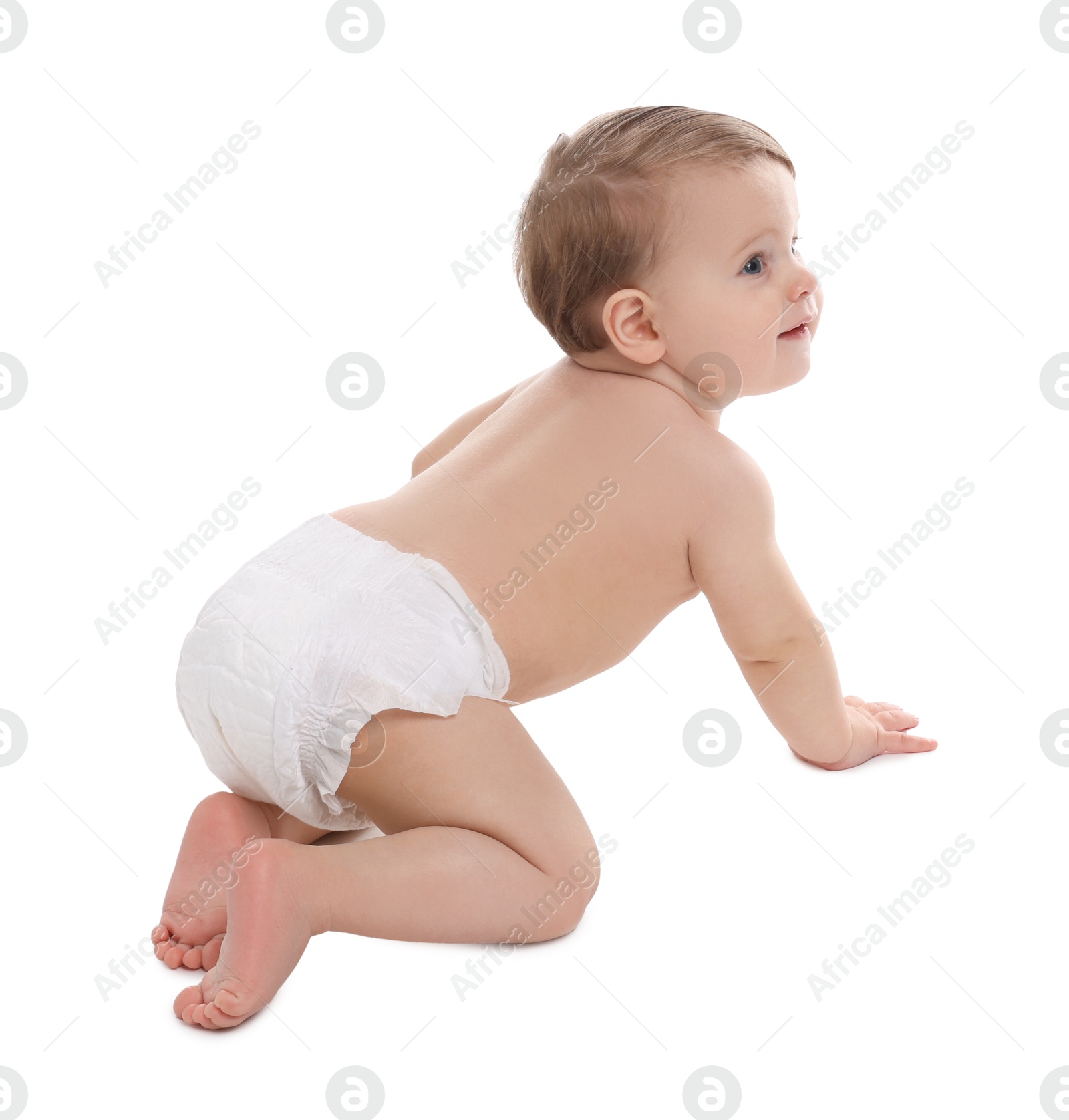 Photo of Cute little baby in diaper on white background