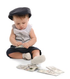 Photo of Little baby with money on white background