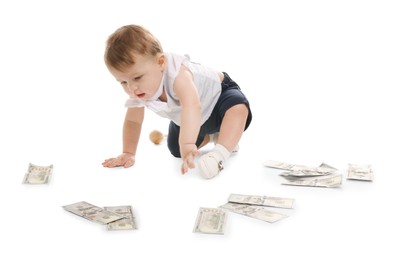 Photo of Little baby with money on white background