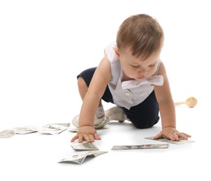 Photo of Little baby with money on white background