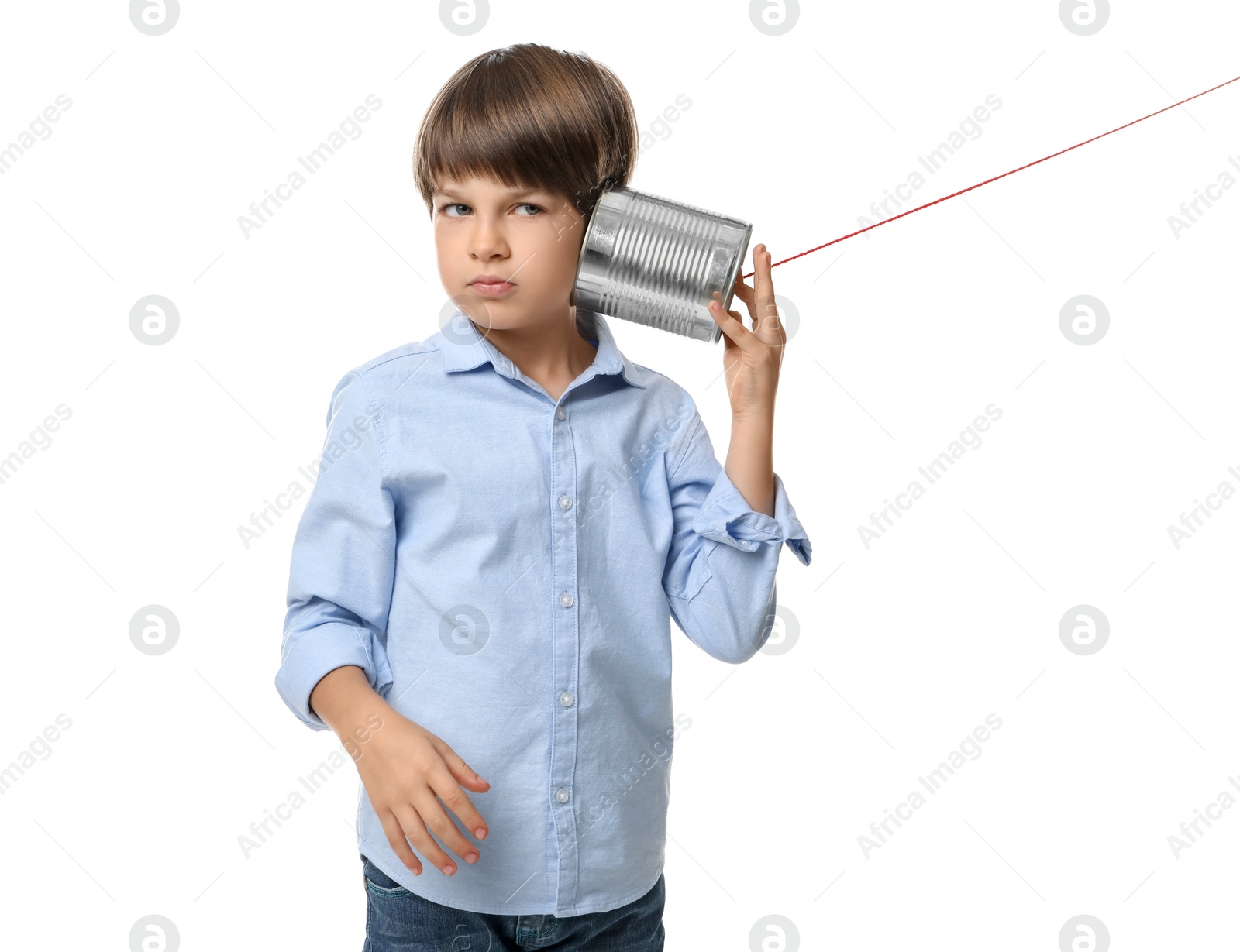 Photo of Boy using tin can telephone on white background