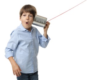 Photo of Boy using tin can telephone on white background