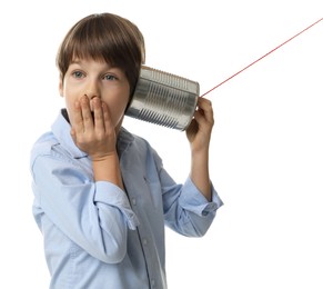 Photo of Boy using tin can telephone on white background