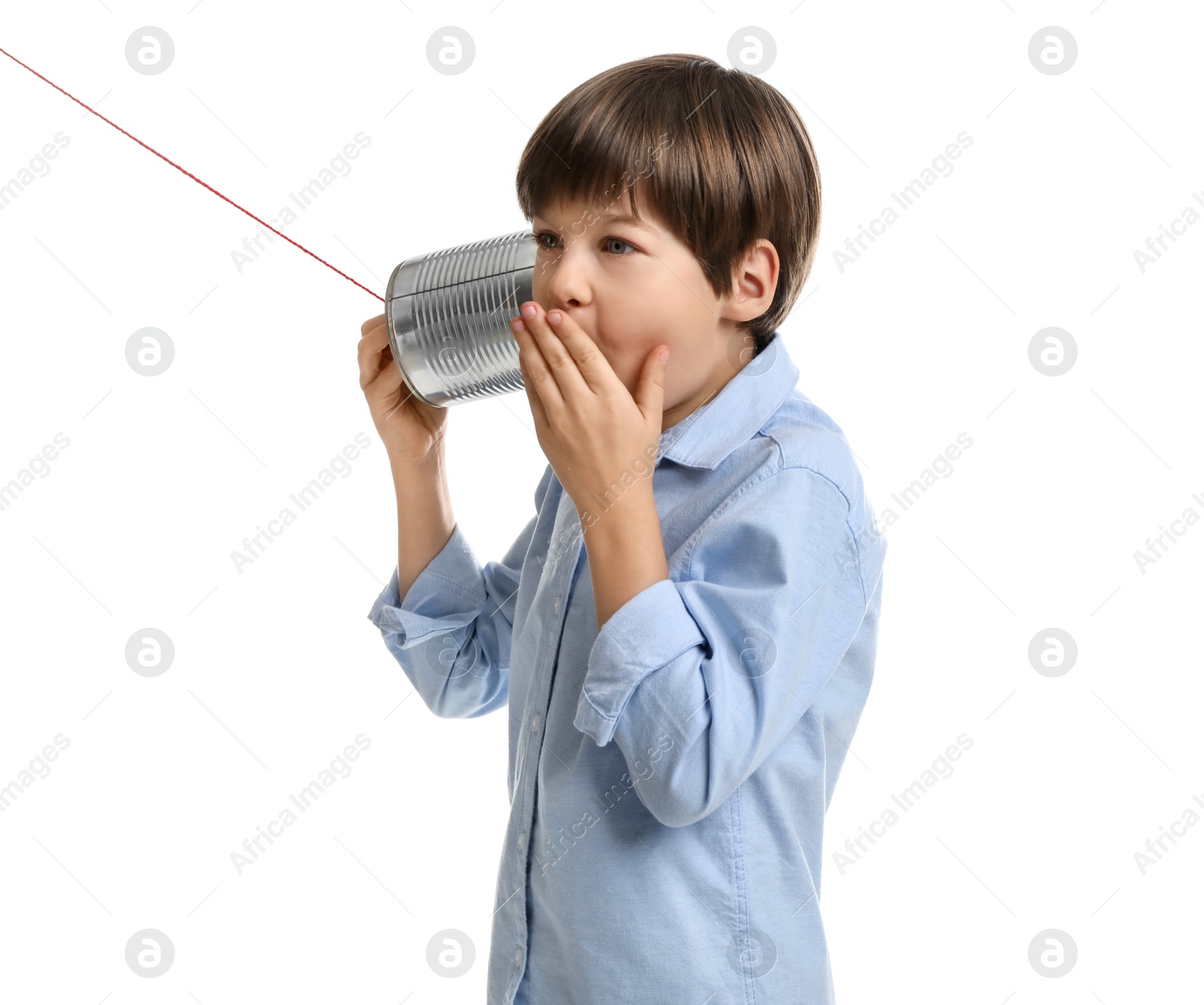 Photo of Boy using tin can telephone on white background