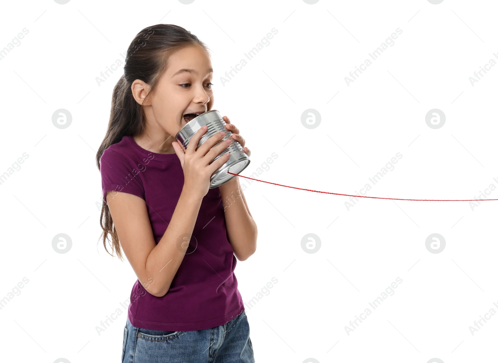 Photo of Girl using tin can telephone on white background