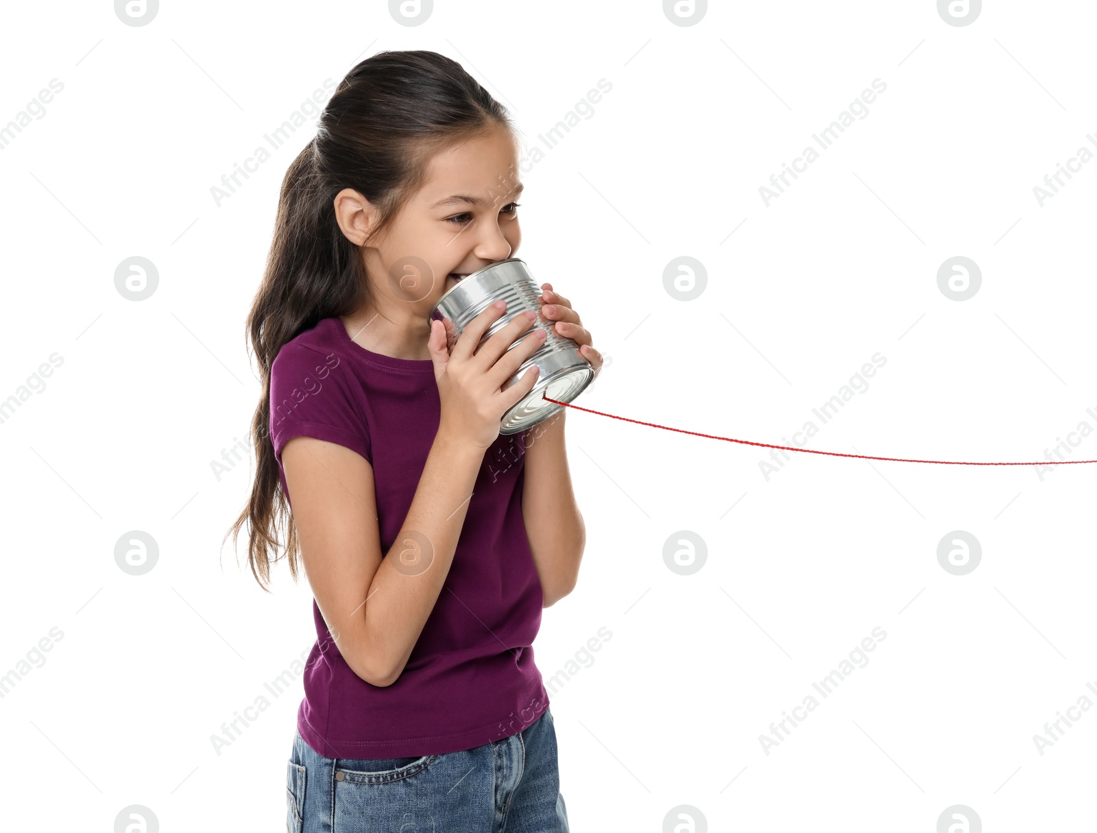 Photo of Girl using tin can telephone on white background