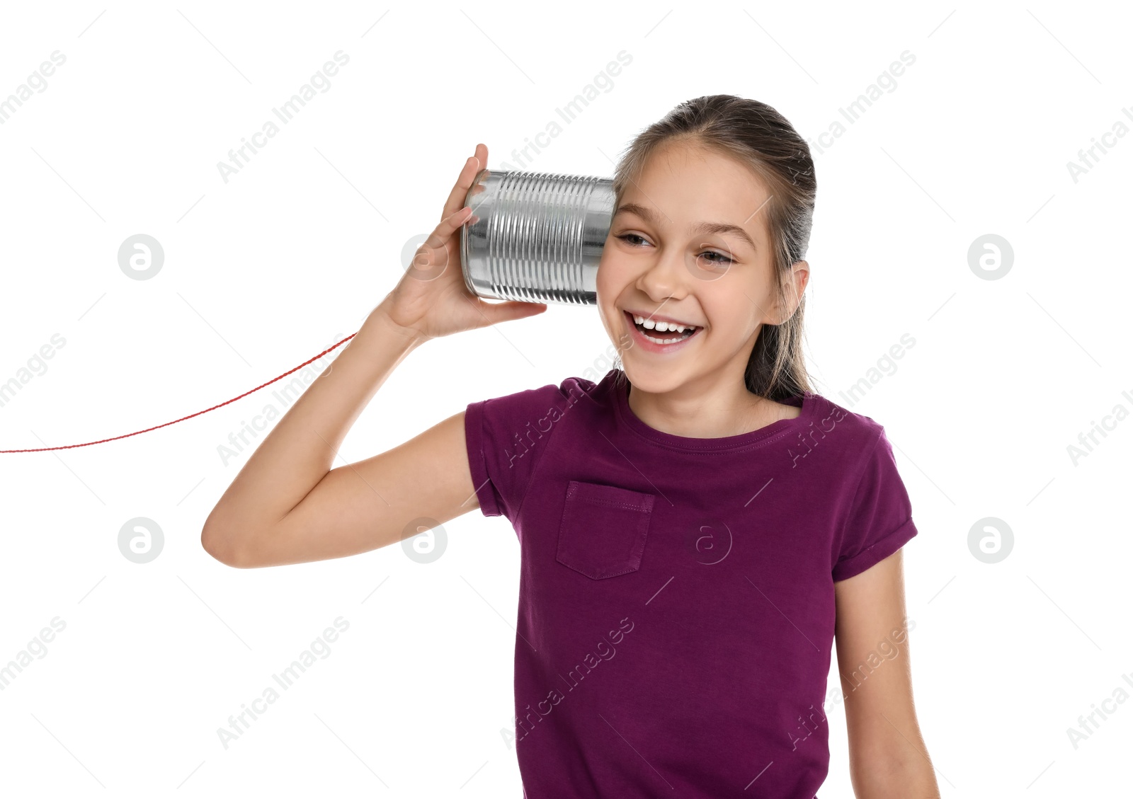 Photo of Girl using tin can telephone on white background