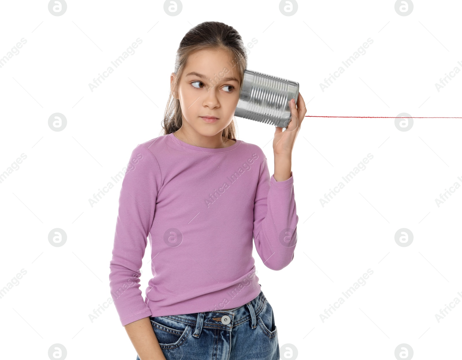 Photo of Girl using tin can telephone on white background