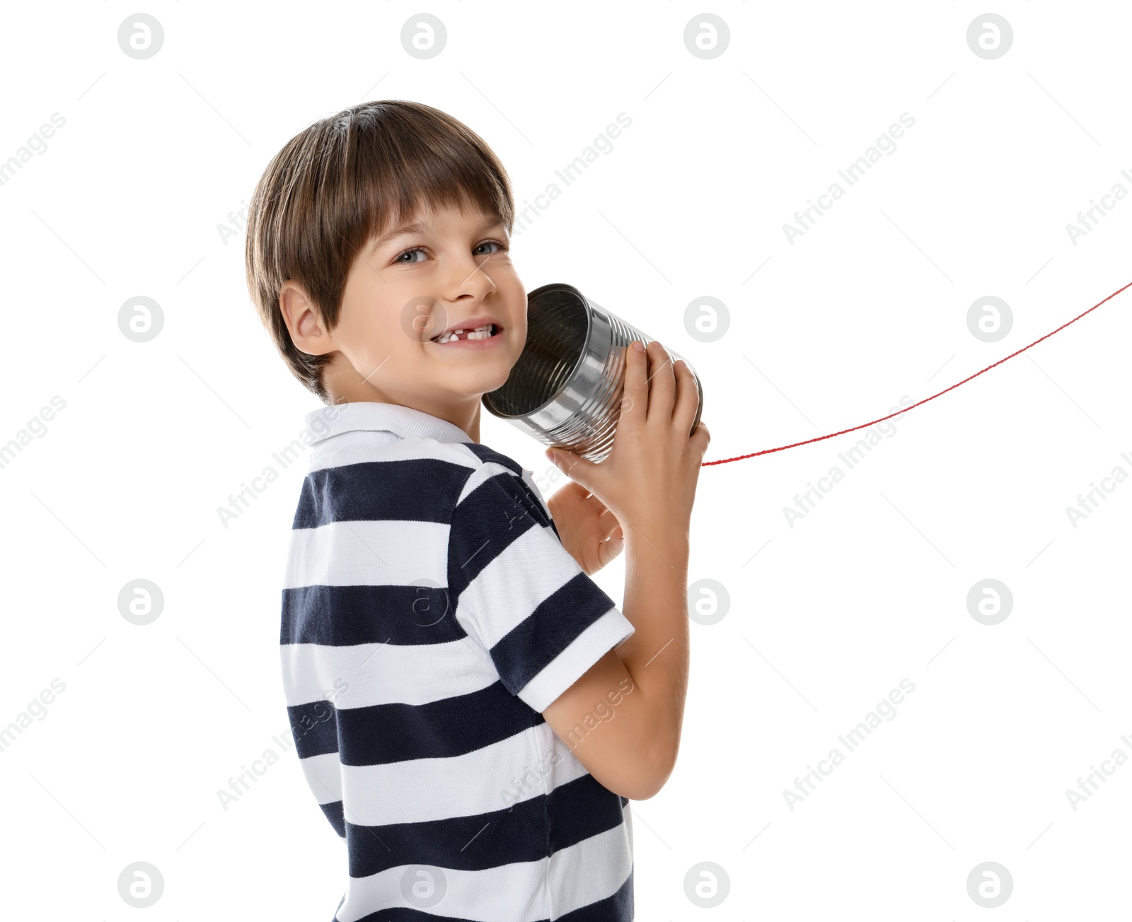 Photo of Boy using tin can telephone on white background