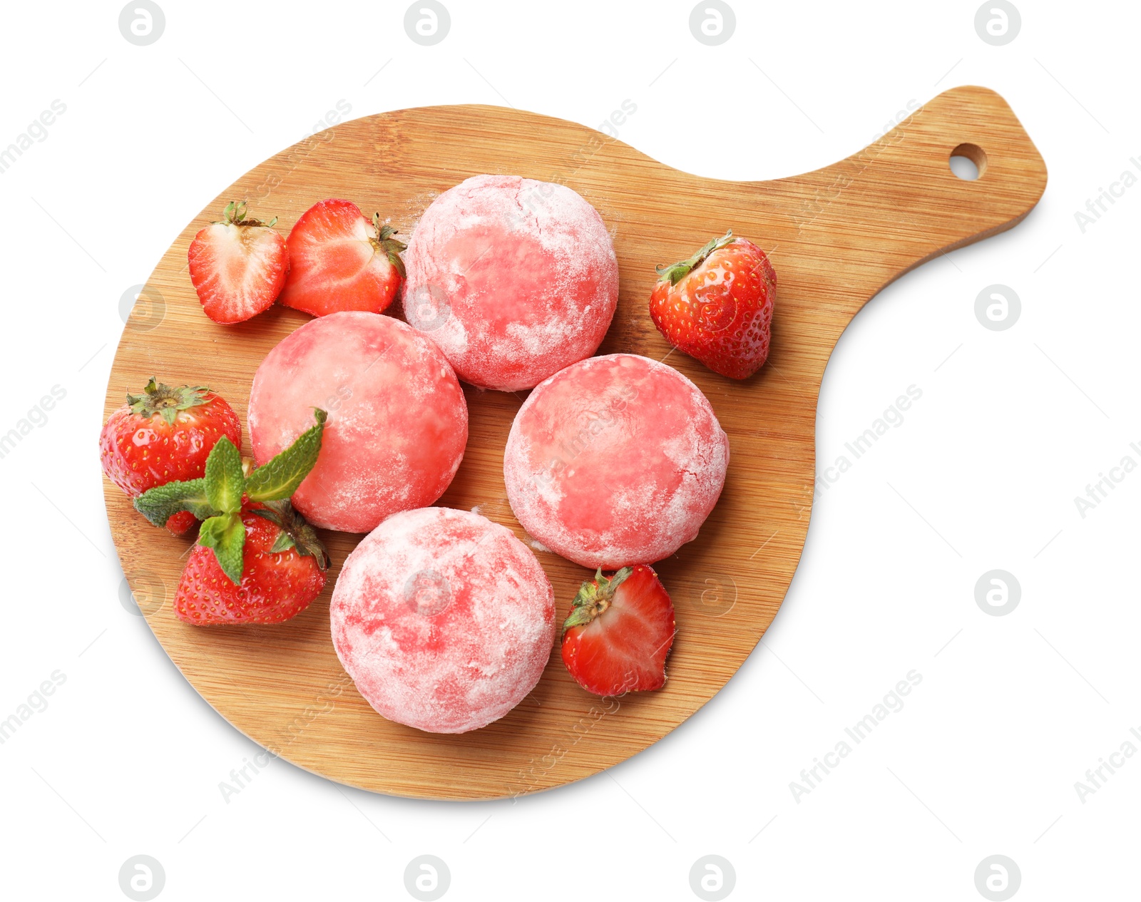 Photo of Delicious mochi, strawberries and mint isolated on white, top view