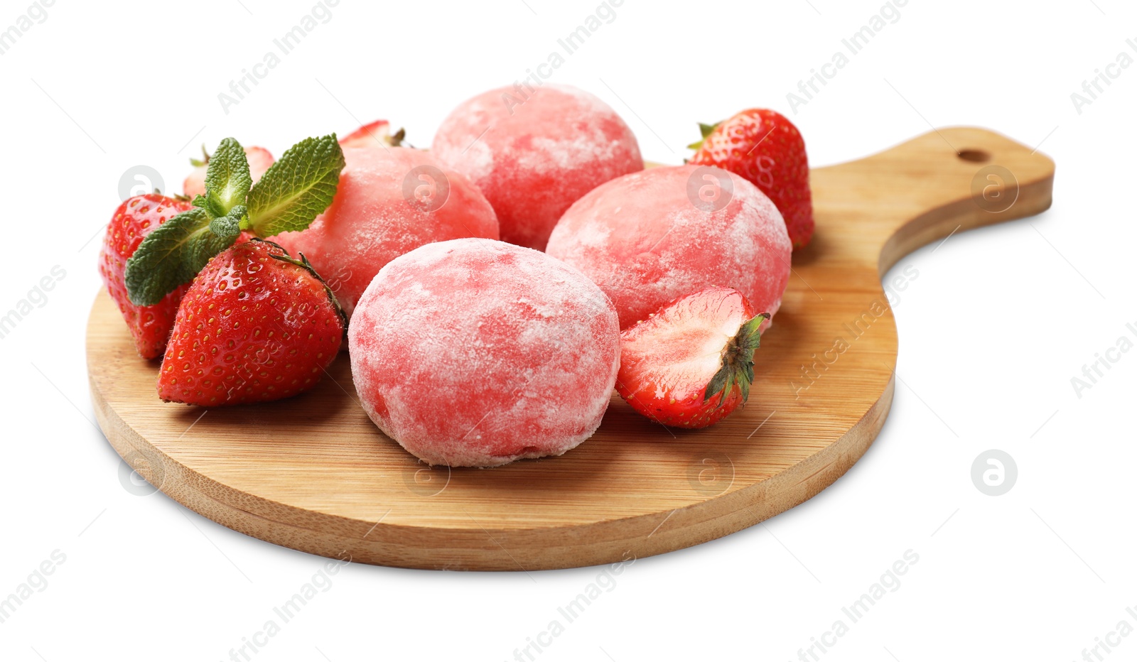 Photo of Delicious mochi, strawberries and mint isolated on white