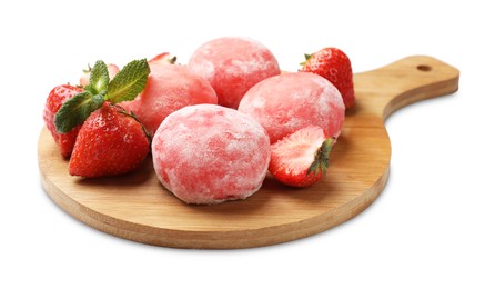 Photo of Delicious mochi, strawberries and mint isolated on white