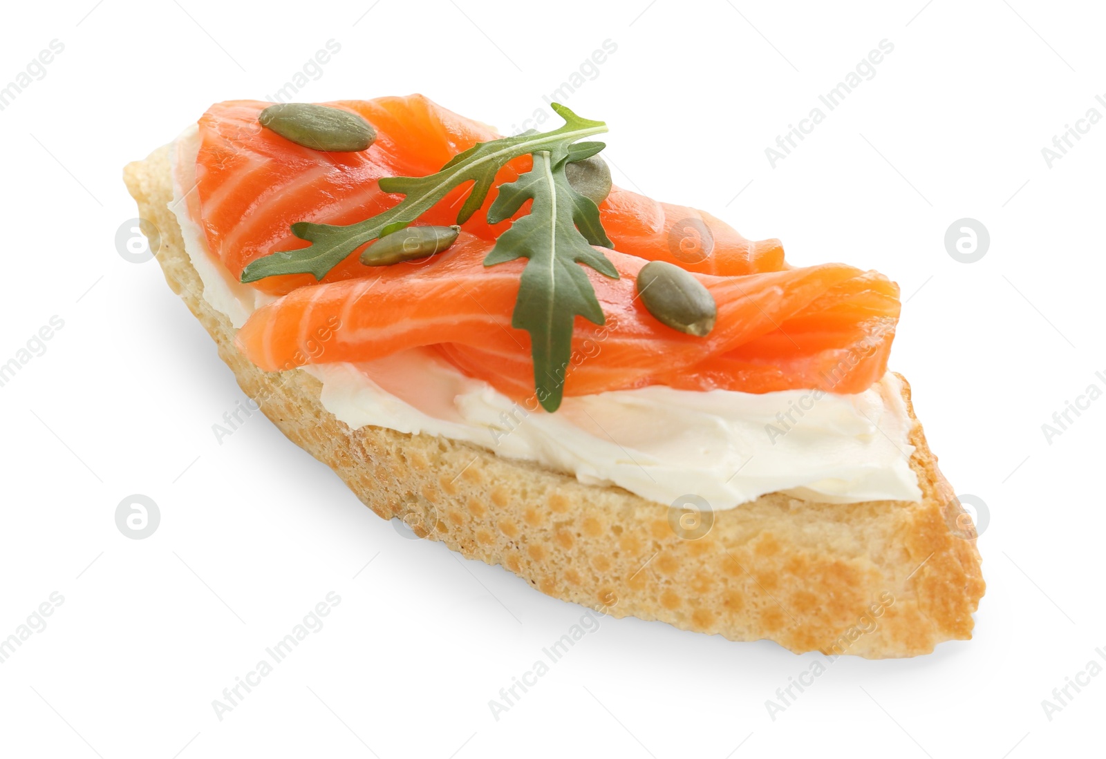 Photo of Delicious bruschetta with cream cheese and salmon isolated on white