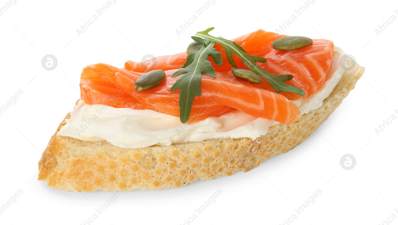 Photo of Delicious bruschetta with cream cheese and salmon isolated on white