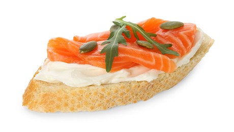 Photo of Delicious bruschetta with cream cheese and salmon isolated on white