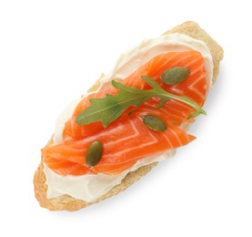 Photo of Delicious bruschetta with cream cheese and salmon isolated on white, top view