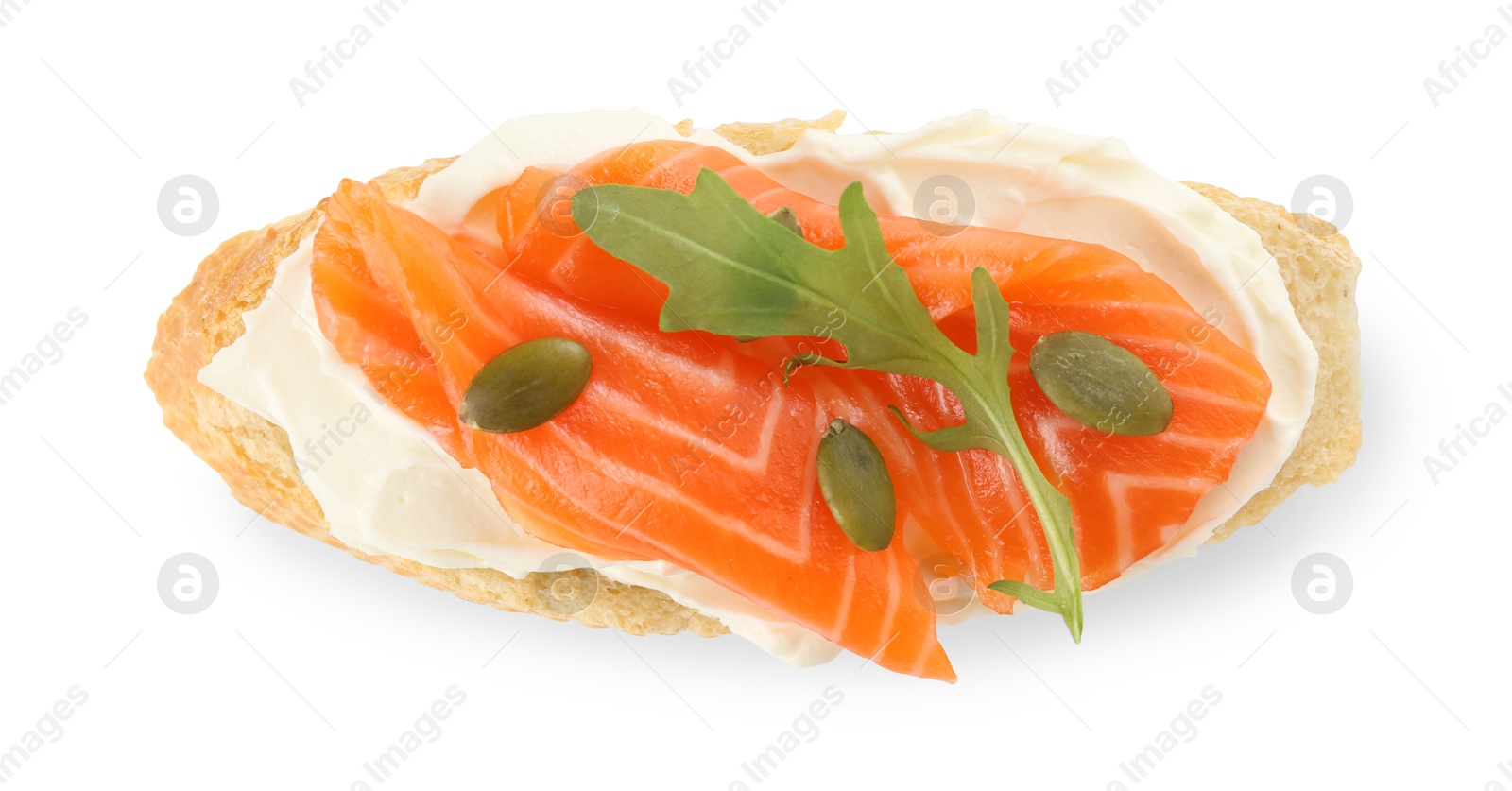 Photo of Delicious bruschetta with cream cheese and salmon isolated on white, top view