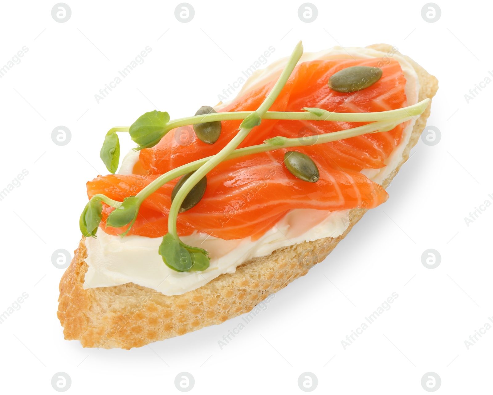 Photo of Delicious bruschetta with cream cheese and salmon isolated on white