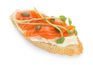 Photo of Delicious bruschetta with cream cheese and salmon isolated on white