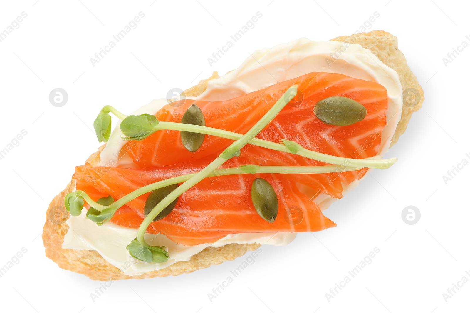 Photo of Delicious bruschetta with cream cheese and salmon isolated on white, top view