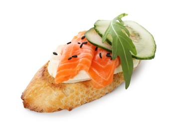 Photo of Delicious bruschetta with cream cheese, salmon and cucumber isolated on white