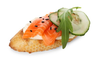 Photo of Delicious bruschetta with cream cheese, salmon and cucumber isolated on white