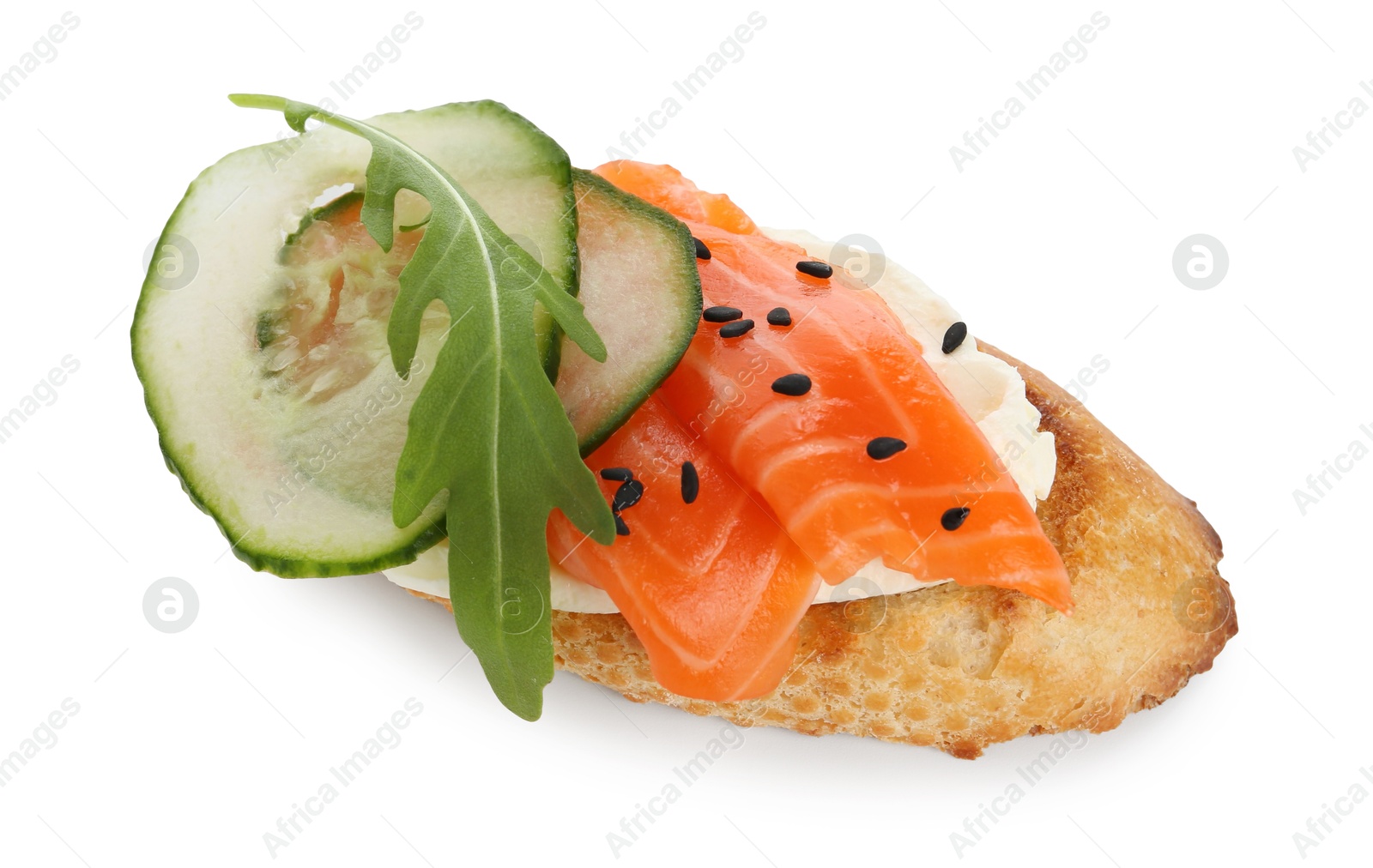 Photo of Delicious bruschetta with cream cheese, salmon and cucumber isolated on white