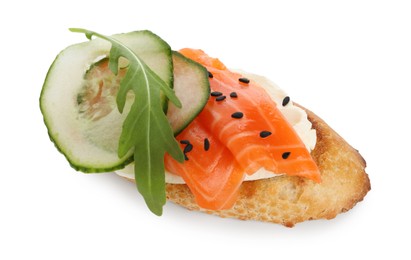 Photo of Delicious bruschetta with cream cheese, salmon and cucumber isolated on white