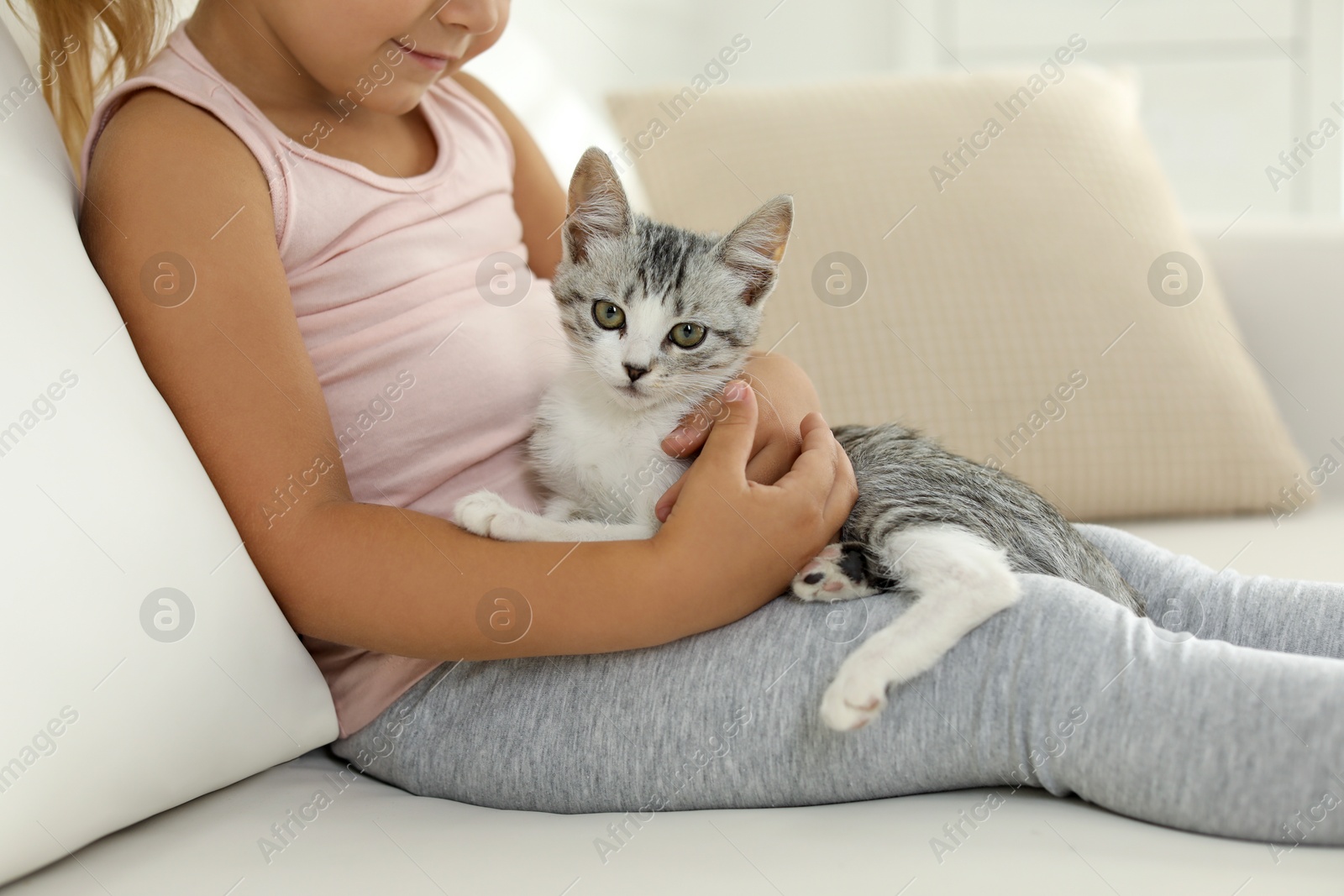 Photo of Little girl with cute kitten at home, closeup