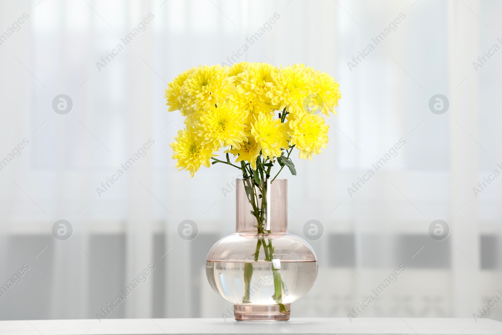 Beautiful yellow flowers in vase on table at home, space for text Photo of Beautiful yellow flowers in vase on table at home, space for text