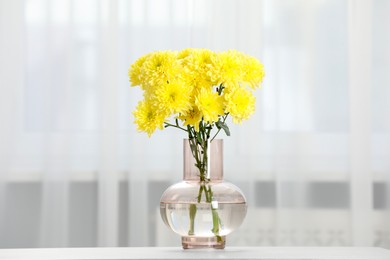 Photo of Beautiful yellow flowers in vase on table at home, space for text