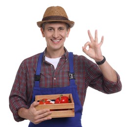 Photo of Farmer with vegetables showing okay gesture on white background