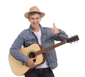 Photo of Happy man with guitar showing thumbs up on white background