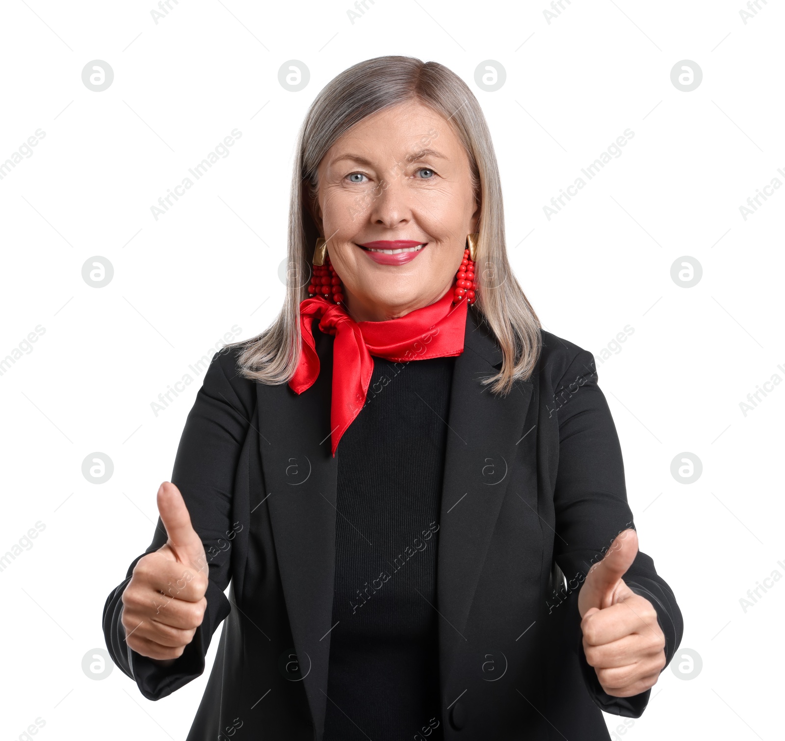 Photo of Senior woman showing thumbs up on white background