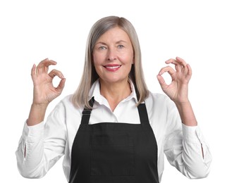 Photo of Senior woman showing okay gesture on white background