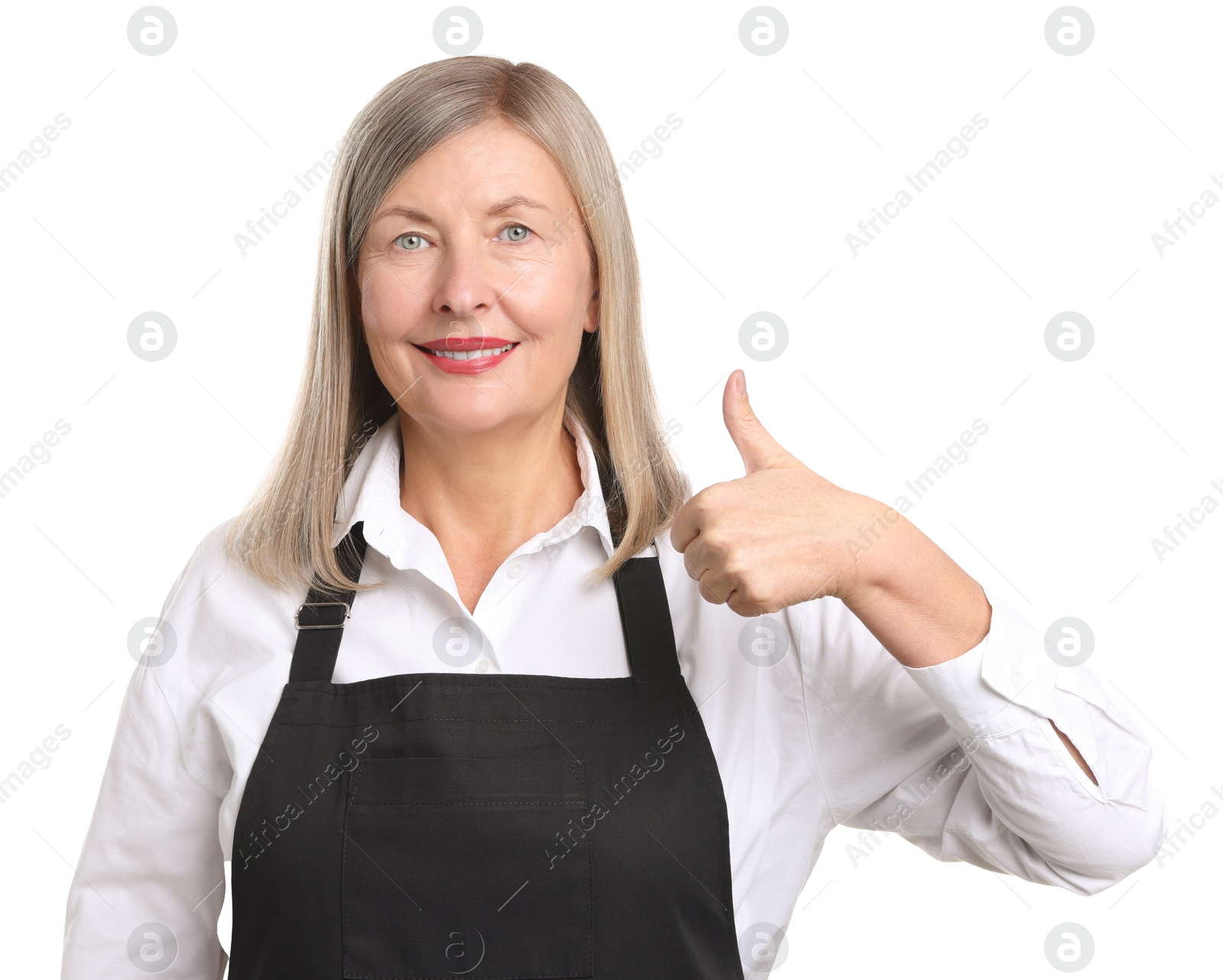 Photo of Senior woman showing thumbs up on white background