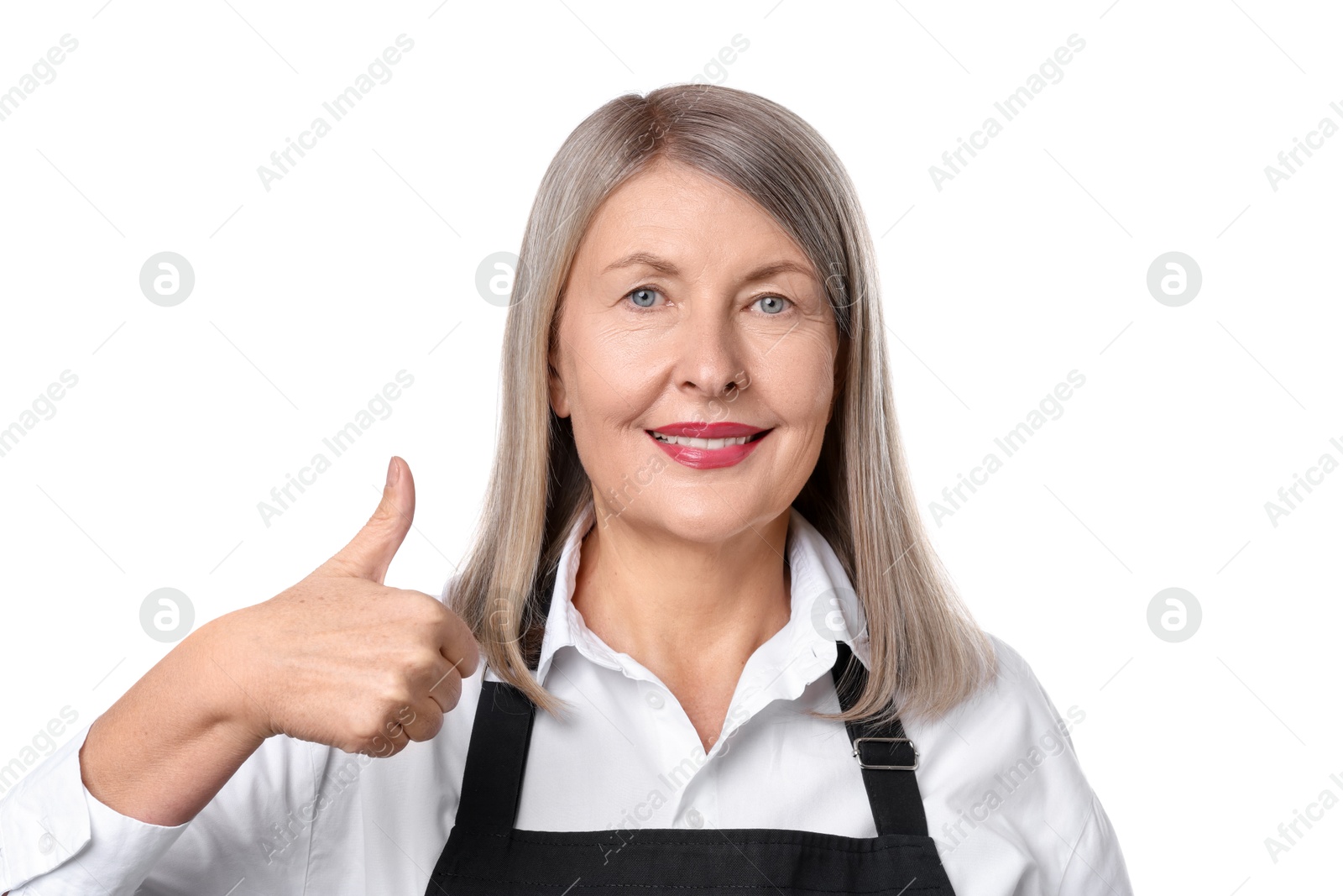 Photo of Senior woman showing thumbs up on white background