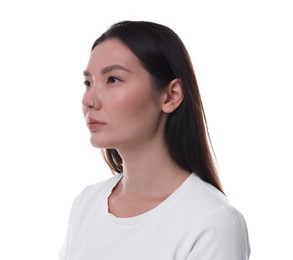 Photo of Young woman with beautiful nose on white background