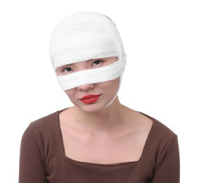 Photo of Woman with nose wrapped in medical bandage after plastic surgery operation on white background