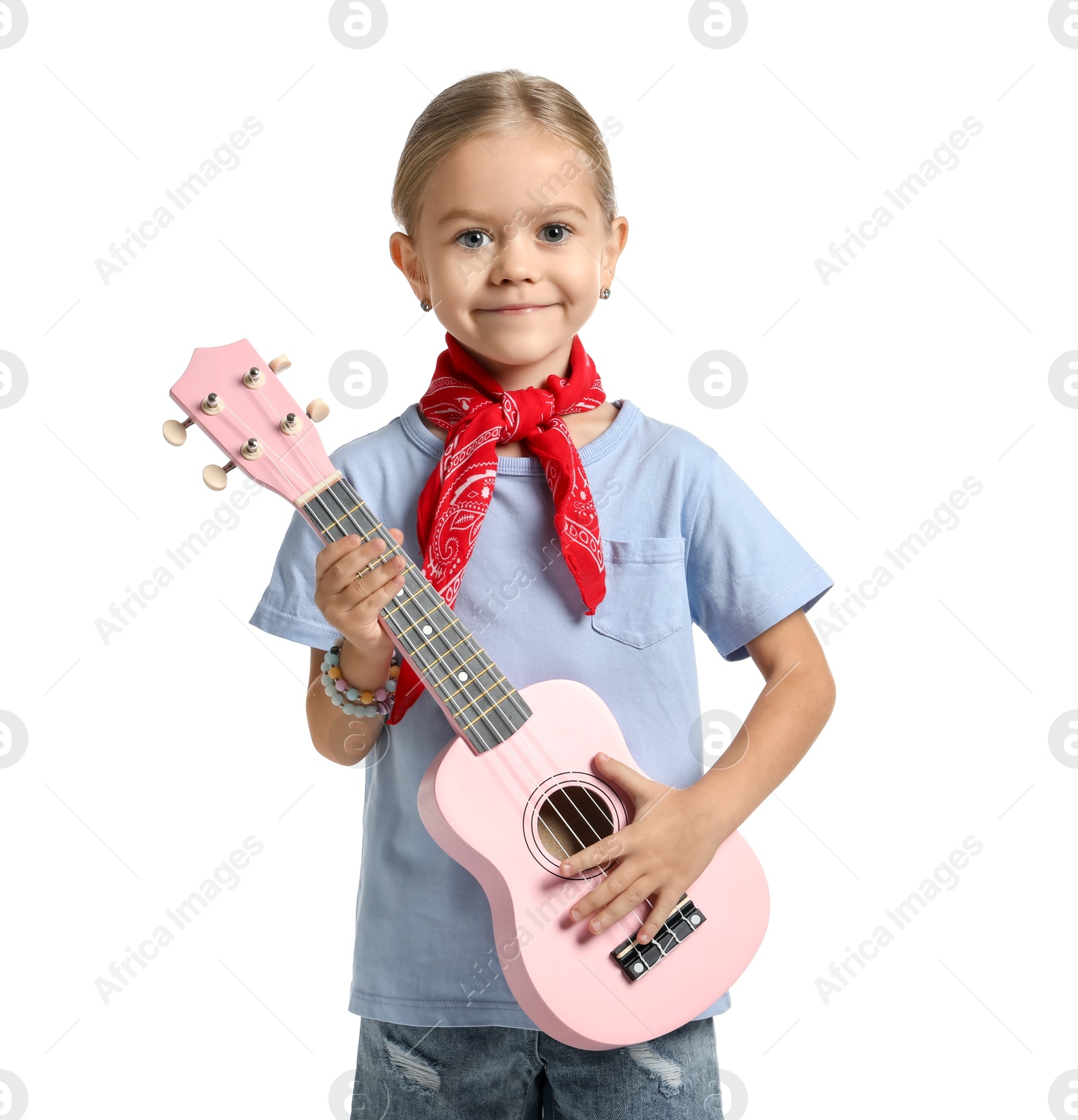 Photo of Little girl playing ukulele on white background