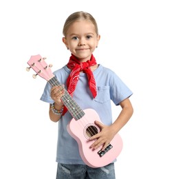 Photo of Little girl playing ukulele on white background