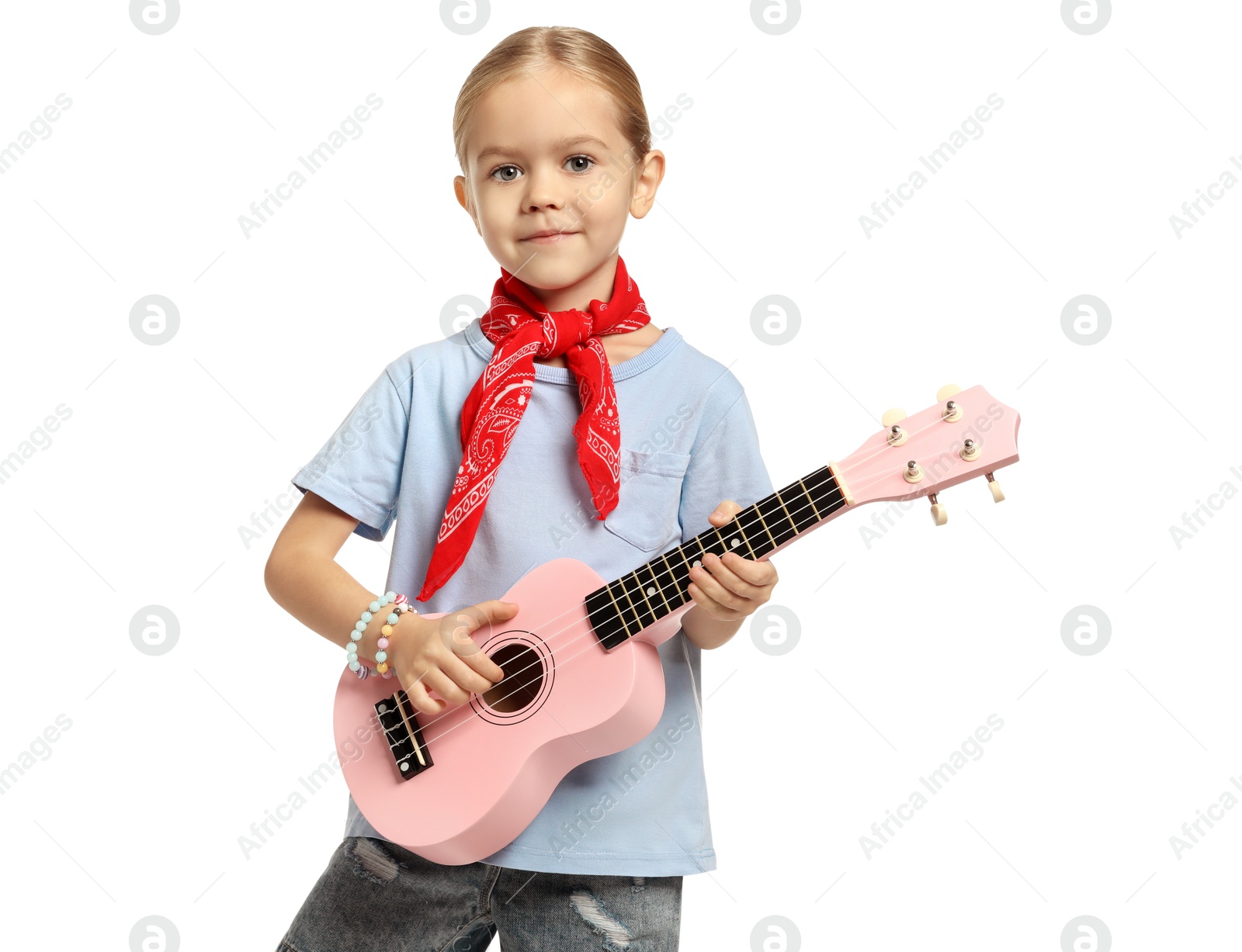 Photo of Little girl playing ukulele on white background